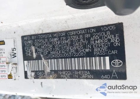 2005 Toyota Prius z USA, uszkodzony, nr VIN JTDKB20U053122087